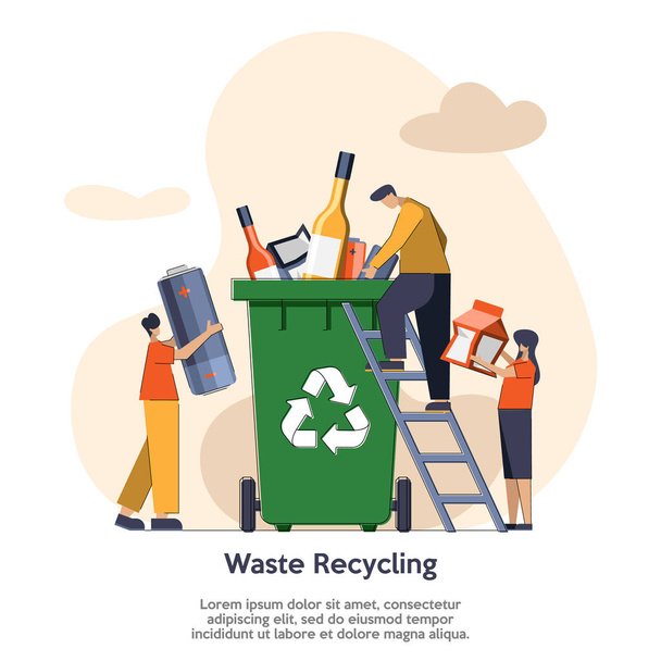 Recykling odpadów - ludzie wrzucają śmieci do kontenera. Miejsce na tekst. Ochrona środowiska, ekologia, dzień ziemi. Płaski styl. Ilustracja wektora - Wektor, obraz