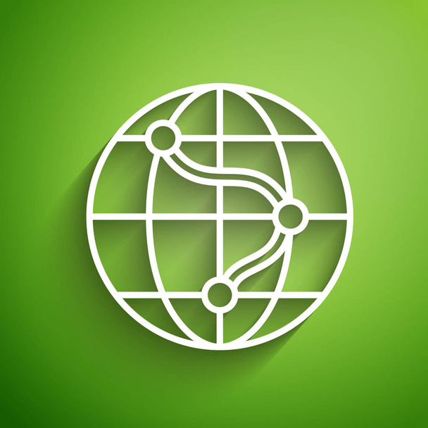 Bílá čára Umístění na ikoně zeměkoule izolované na zeleném pozadí. Světová nebo pozemská značka. Vektorová ilustrace - Vektor, obrázek