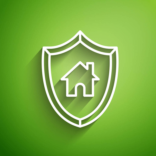 Λευκό σπίτι γραμμή με ασπίδα εικονίδιο απομονώνονται σε πράσινο φόντο. Ασφαλιστική ιδέα. Ασφάλεια, ασφάλεια, προστασία, προστασία. Εικονογράφηση διανύσματος - Διάνυσμα, εικόνα