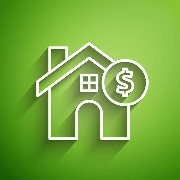 Maison ligne blanche avec icône symbole dollar isolé sur fond vert. La maison et l'argent. Concept immobilier. Illustration vectorielle
 - Vecteur, image