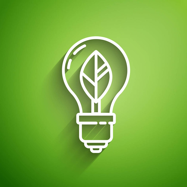 Biała linia Żarówka z ikoną liści izolowane na zielonym tle. Koncepcja ekologicznej energii. Alternatywna koncepcja energii. Ilustracja wektora - Wektor, obraz