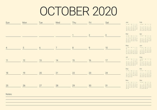 Ekim 2020 masa takvimi vektör illüstrasyon - Vektör, Görsel