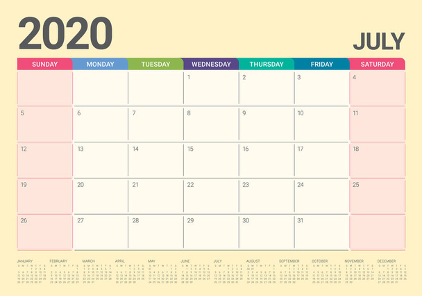 Juli 2020 Schreibtisch Kalender Vektor Illustration - Vektor, Bild