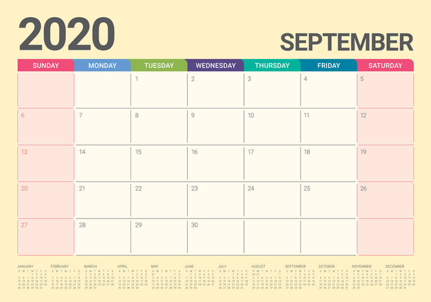 2020 Σεπτέμβριος ημερολόγιο γραφείο εικόνα διάνυσμα - Διάνυσμα, εικόνα