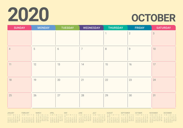 2020 Οκτωβρίου ημερολόγιο φορέα εικόνα διάνυσμα - Διάνυσμα, εικόνα
