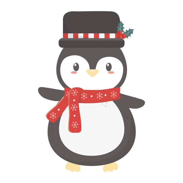cute penguin with hat and scarf celebration merry christmas - ベクター画像