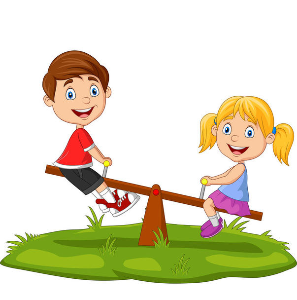 Illustration vectorielle d'enfants de dessins animés jouant sur une balançoire dans le parc
 - Vecteur, image
