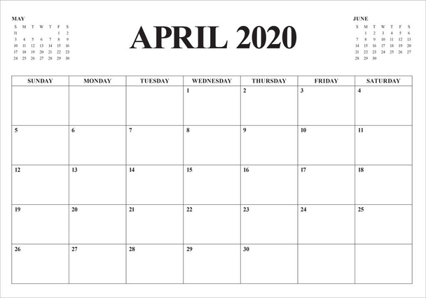 Векторная иллюстрация календаря апреля 2020
 - Вектор,изображение