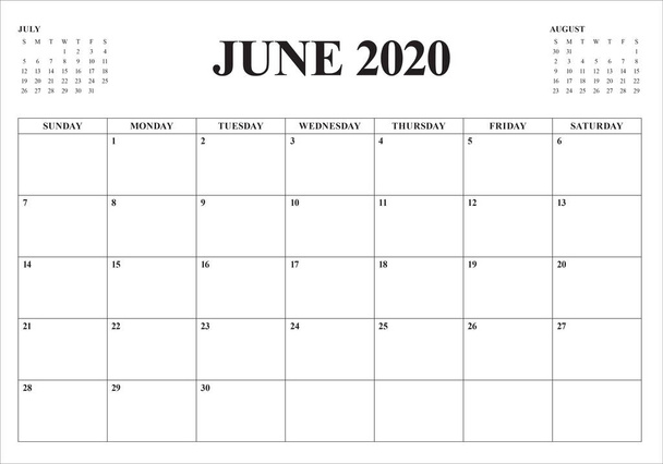 червень 2020 Таблиця календаря Векторні ілюстрації
 - Вектор, зображення