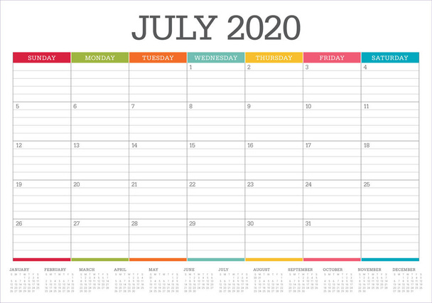 Heinäkuu 2020 Työpöytä kalenteri vektori kuva
 - Vektori, kuva