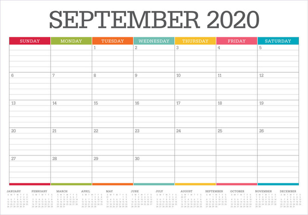 2020 Σεπτέμβριος ημερολόγιο γραφείο εικόνα διάνυσμα - Διάνυσμα, εικόνα