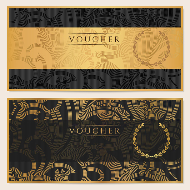 Voucher, Gift certificate, Coupon template. Floral, scroll pattern (bow, frame). Background design for invitation, ticket, banknote, money design, currency, check (cheque). Black, gold vector - Vector, Image
