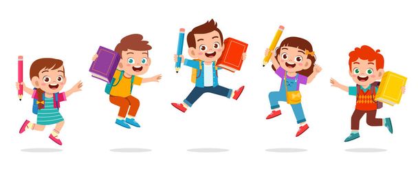 happy cute kids boy and girl jump - Vector, Image