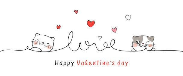 banner kat met lijn klein hart voor Valentijnsdag / Teken banner kat met lijn klein hart voor Valentijnsdag - Vector, afbeelding
