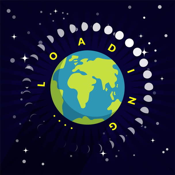Cartoon styled Earth globe with full Moon shaped as a loading button on starry dark space, vector illustration on waiting time theme - Vector, Image