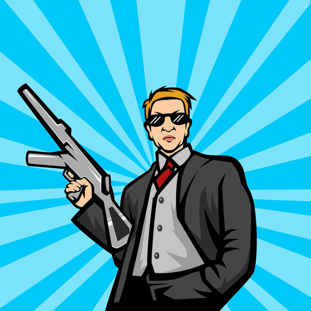 Gangster met machine pistool pop kunst stijl vector illustratie - Vector, afbeelding