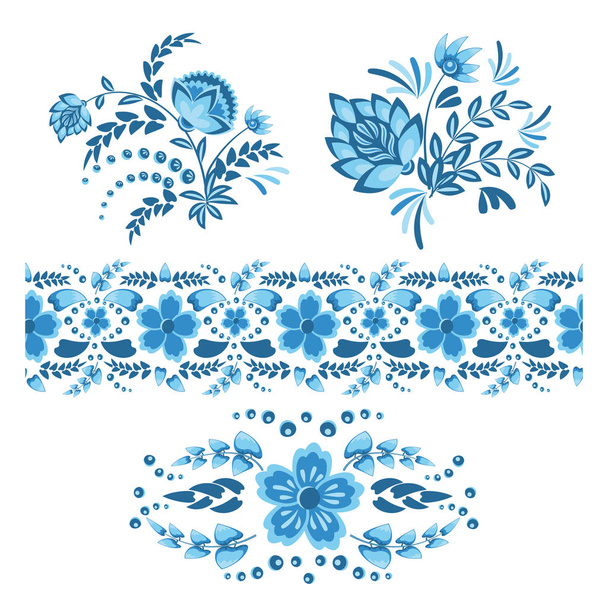 Set of patterns for design in blue and light blue tones in gzhel style on a white background. Vector illustration - ベクター画像
