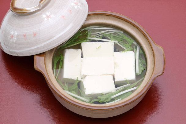 Japanese food, Yudofu in a donade bowl on dining table - Photo, Image