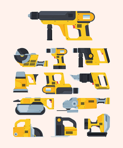 Modern renovation power tools flat illustrations set - Vector, Image