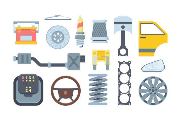 Mechanical car spare parts flat illustrations set - Vector, Imagen
