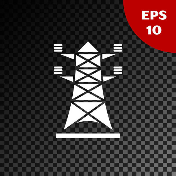 White Electric tower used to support an overhead power line icon isolated on transparent dark background. High voltage power pole line.  Vector Illustration - Vector, Image