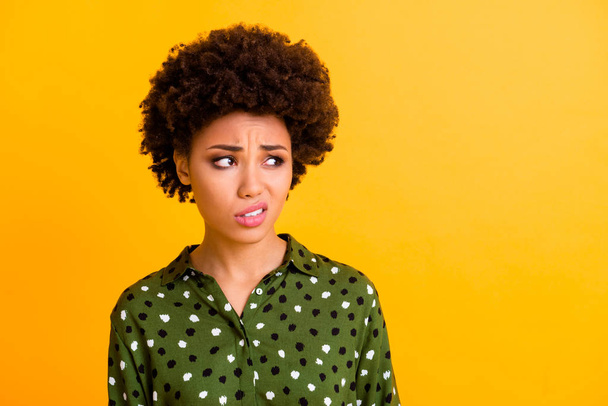 Close up photo of upset sad afro american girl look copy space hear friends summer holidays suggestion dislike dont want offend frown face wear casual outfit isolated bright color background - Foto, imagen