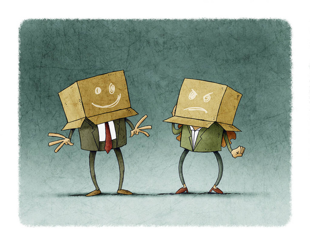 work team with boxes on the head with different expressions - Photo, Image