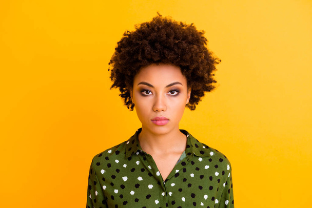 Close up photo of focused modern afro american girl look good ready decide decision wear stylish outfit isolated over vivid color background - Fotó, kép