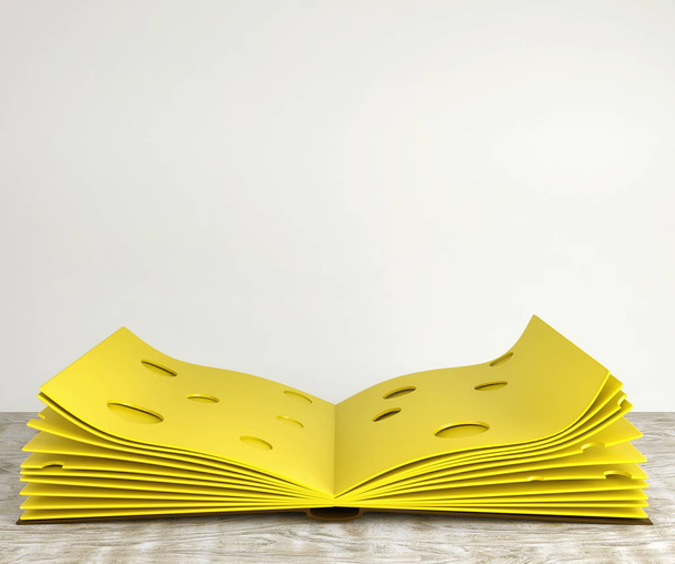 Slices of cheese folded like a book on a white wooden table. 3d render - Photo, Image