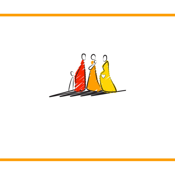 trzy stylizowane osoby matek. Trzy etapy macierzyństwa. Społeczność matek. Pomarańczowy, czerwony, żółty kolor. Wzór projektu logo - Wektor, obraz