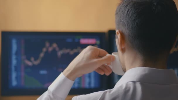 Visão traseira do jovem corretor empresário analisando gráficos no monitor de computador antes de comprar ou vender ações
 - Filmagem, Vídeo