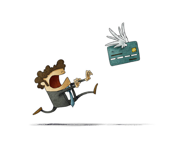 Der Mann läuft hinter einer geflügelten Kreditkarte her, die wegfliegt. isoliert - Foto, Bild