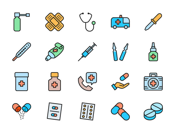 Set of Pharmacy Flat Color Icons. Throat Spray, Stethoscope, Pills and more. - Vector, Image
