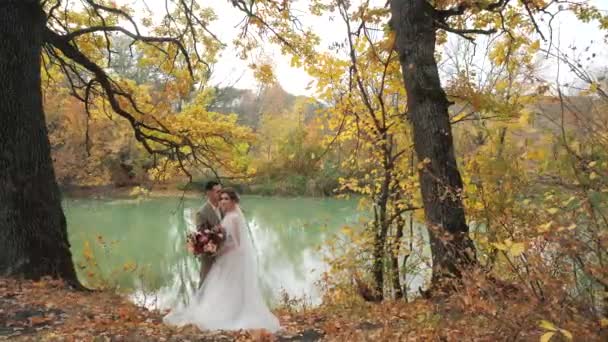 Svatba v lese v přírodě. Ženich a nevěsta se objímají u jezera v podzimním lese mezi barevnými podzimními stromy. Mladý atraktivní šťastný milující novomanželé v parku ve zpomaleném filmu. - Záběry, video
