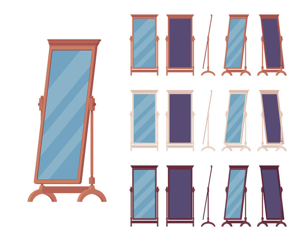 Montaż lustra podłogowego, pełnowymiarowa garderoba stojąca, klasyczny drewniany design - Wektor, obraz