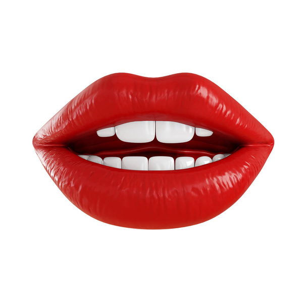 Bouche ouverte avec lèvres rouges brillantes et dents blanches sur un fond isolé. Rendu 3d
 - Photo, image