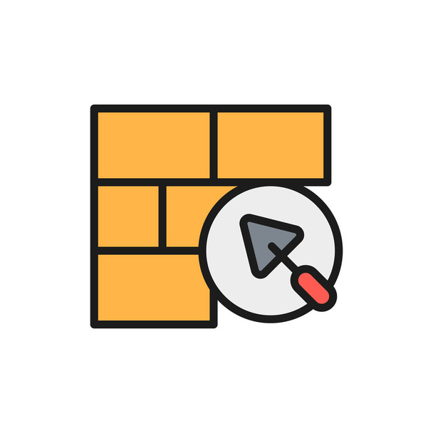Brick wall with putty knife, repair bricklaying, construction color line icon. - Vector, Image