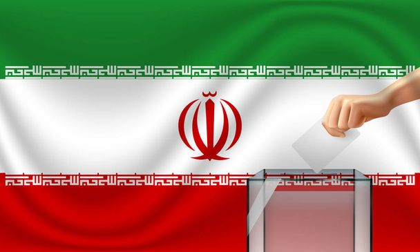 Ψηφίστε υπέρ των εκλογών στο Ιράν με κάλπη και ιρανική σημαία. Εικονογράφηση διανύσματος. - Διάνυσμα, εικόνα