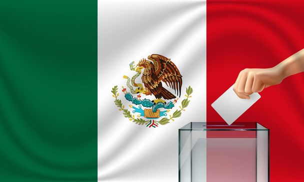 Stimme für die Wahl in Mexiko mit Wahlurne und mexikanischer Flagge. Vektorillustration. - Vektor, Bild