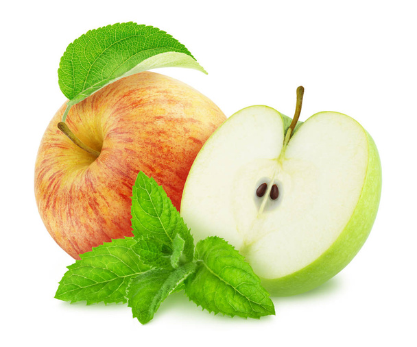 Composition with juicy apples and sprig of mint isolated on a white background with clipping path. - Photo, Image