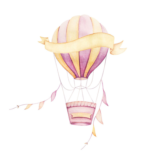 Kleurrijke luchtballon vliegen met linten. Roze en geel. Aquarel. Kinderafdrukken. - Foto, afbeelding