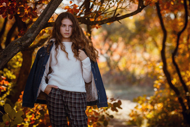 Őszi portré boldog szép és szép kaukázusi lány az erdőben őszi színek. - Fotó, kép