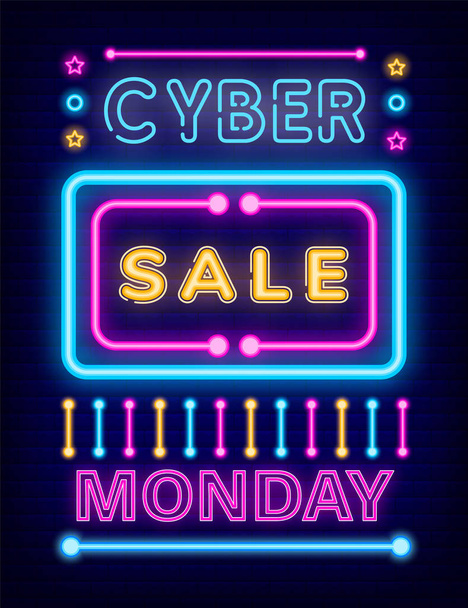 Cyber Sale on Monday, Neon Board with Promotion - Vektör, Görsel