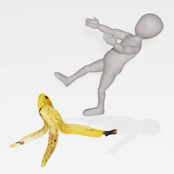 バナナピールに落ちる漫画キャラクターの3Dレンダリング - 写真・画像