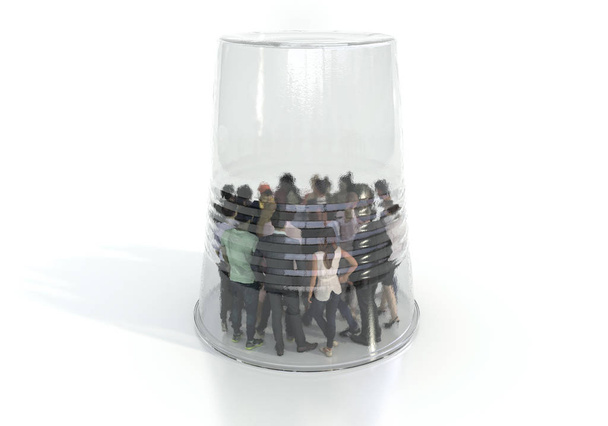 Un groupe de personnes est recouvert d'une tasse en plastique transparent. Pollution de l'environnement par les déchets toxiques. Illustration conceptuelle créative avec espace de copie. rendu 3D
. - Photo, image