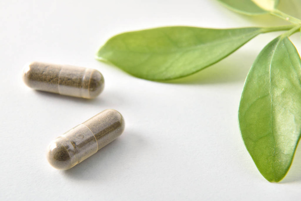 Two natural medicine capsules and plant on white table detail - Valokuva, kuva