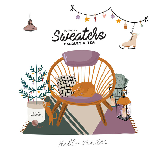 Scandinavian interior with home decorations - garland, cat, plaid, tree, candles, armchair.  - Vector, Image