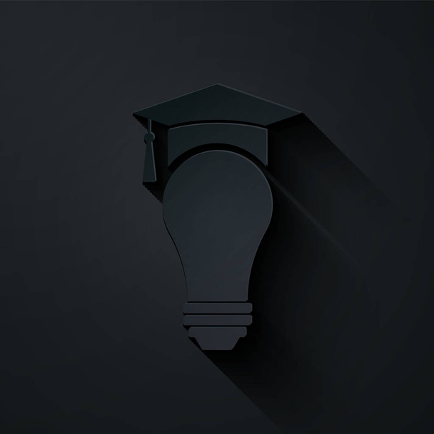 Papel cortado Lâmpada de luz e ícone de boné de graduação isolado no fundo preto. Conceito de Educação Universitária. Estilo de arte de papel. Ilustração vetorial
 - Vetor, Imagem