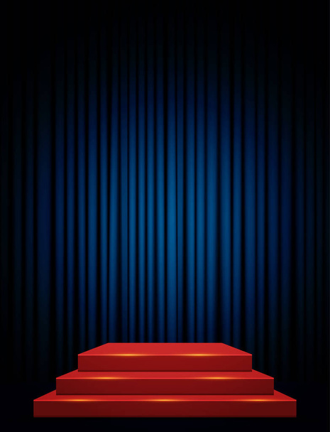 Empty scene with red stage podium and blue curtain - Vector, Image
