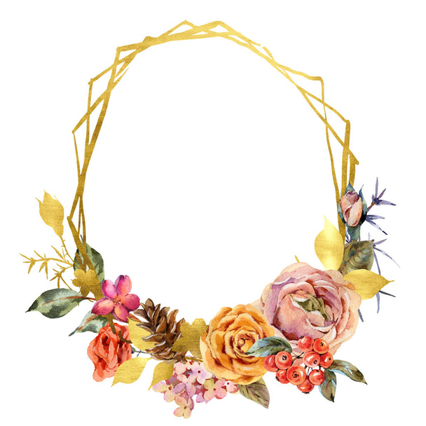 Aquarell floraler goldener Rahmen mit Vintage-Rosen und Wildblumen - Foto, Bild